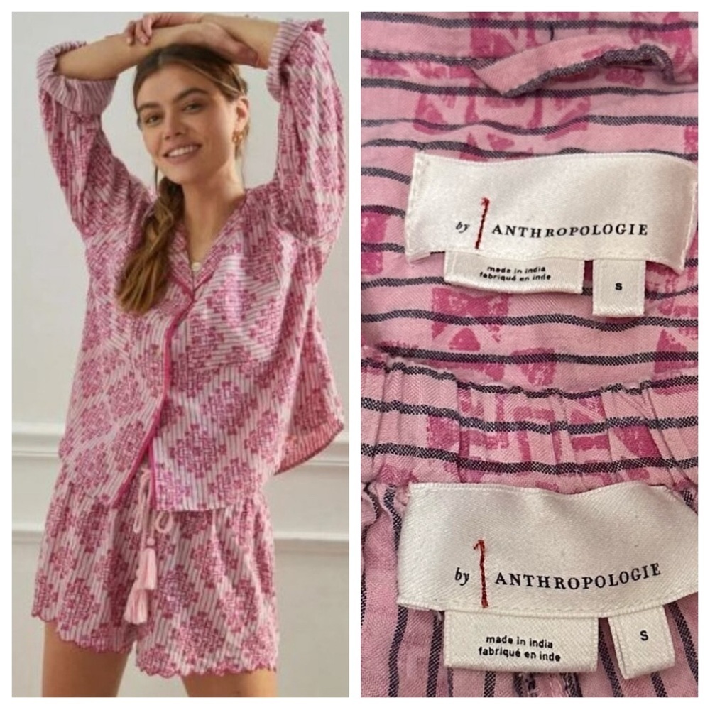 Anthropologie Ella Scalloped Blouse Pajama Top and Pants Set Size Small 51732